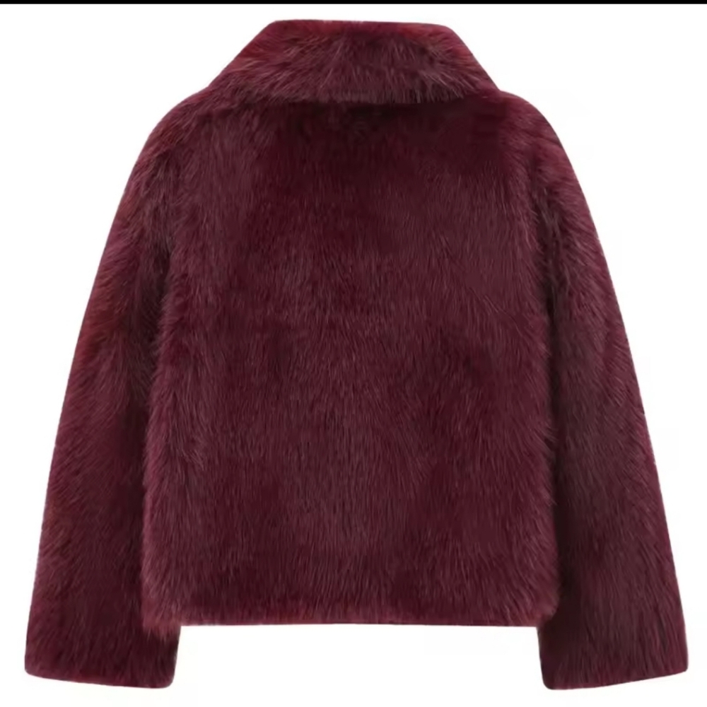 Women's Fur Coat Women Plush Burgundy Bomber Jacket Solid Crop Long Sleeve - Picture 4 of 5